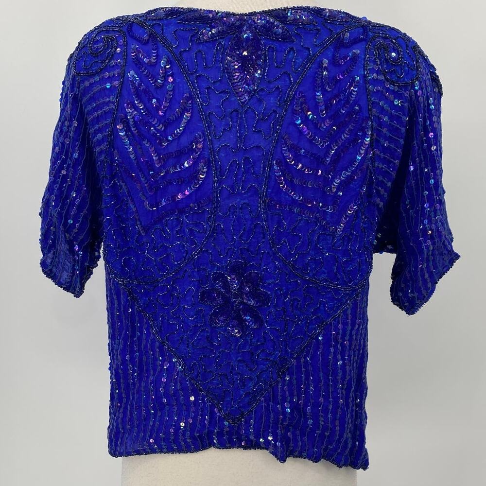 Vintage 80s Beaded Silk Top Short Sleeve Boatneck Pullover Sequins Blue Womens L - Picture 7 of 10